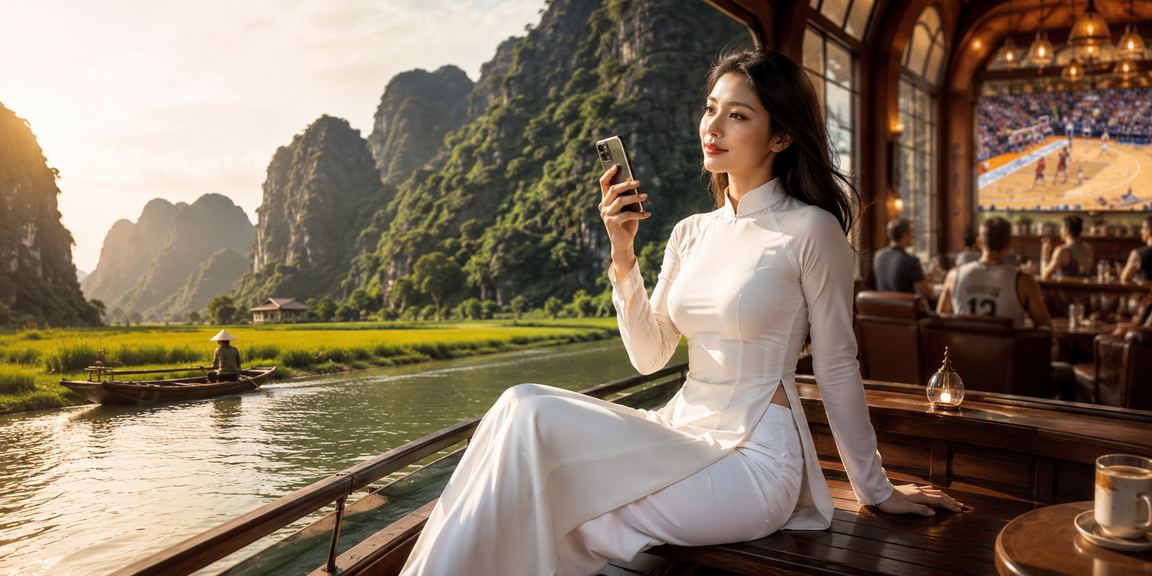 Phụ nữ mặc áo dài tại Ninh Bình theo dõi cá cược bóng rổ trên điện thoại di động